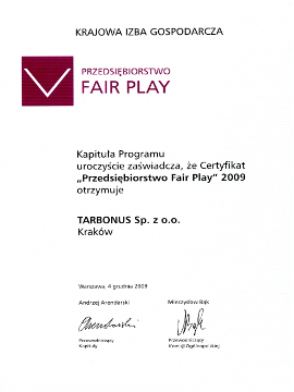 Certyfikat - Przedsiębiorstwo Fair Play 2009